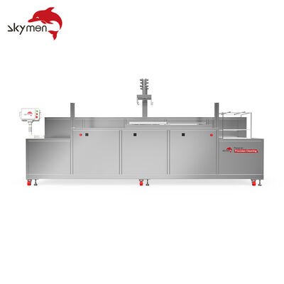 Sistem Pembersih Ultrasonik Otomatis 4 Tangki untuk Suku Cadang Presisi dengan Lengan Robot PLC, Pemanasan, Filtrasi & Pengeringan